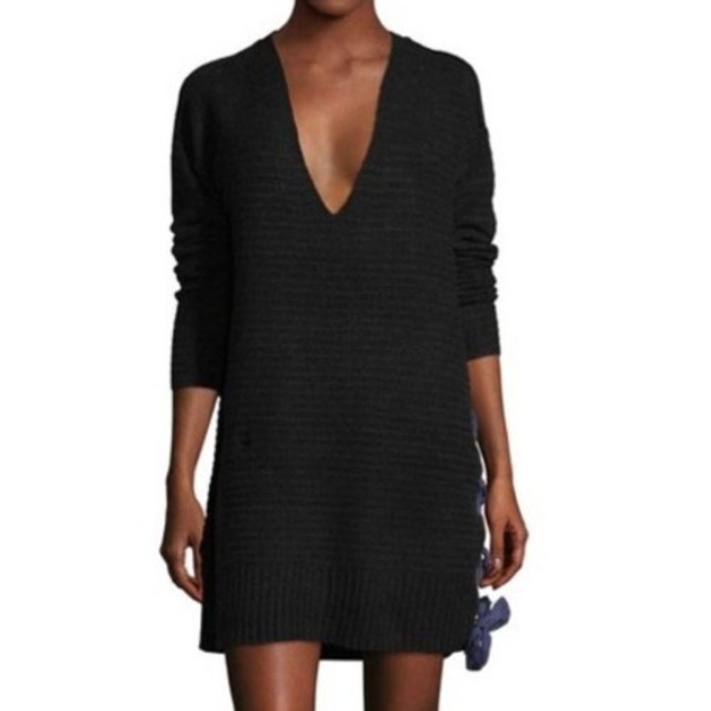 Free People Heart It Laces Sweater Tunic Dress Black V-Neck Lace Up Side XS